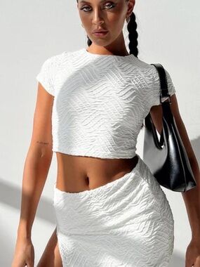Princess Polly Set - Stretchy Textured White Crop Top and Mini Skirt